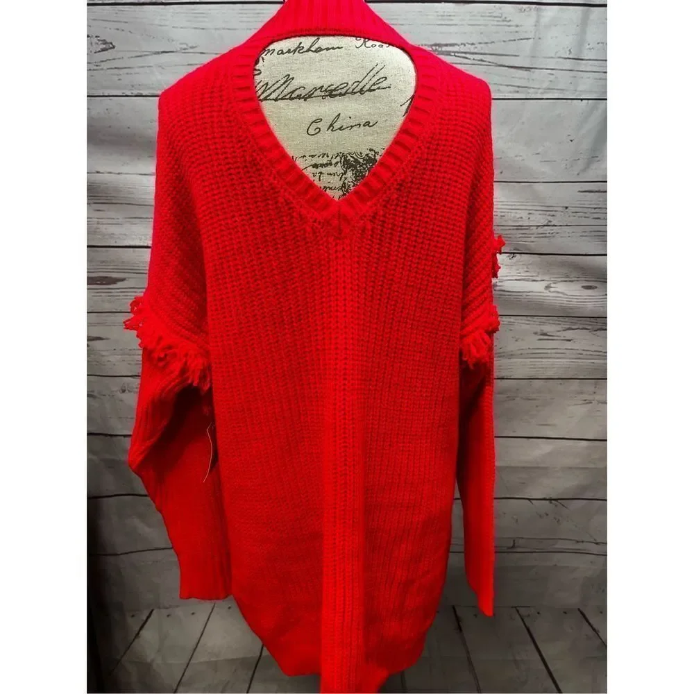 American Rag Women Knit‎ Sweater Dress Cable Knit Fringe Mock Neck Red XXL